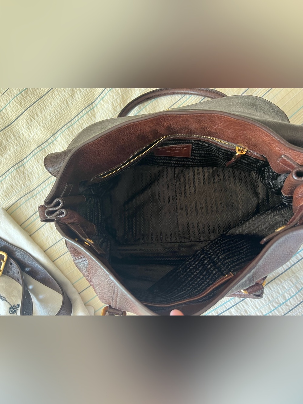 Prada Brown Pebbled Leather Top-Handle/Shoulder Bag/Tote with Gold Hardware - Picture 6 of 16